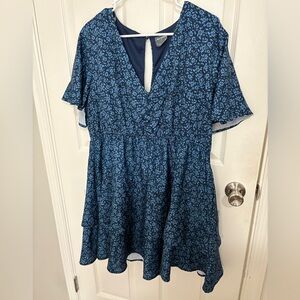 Arula Navy Blue Floral Flutter Sleeve Tiered Mini Dress